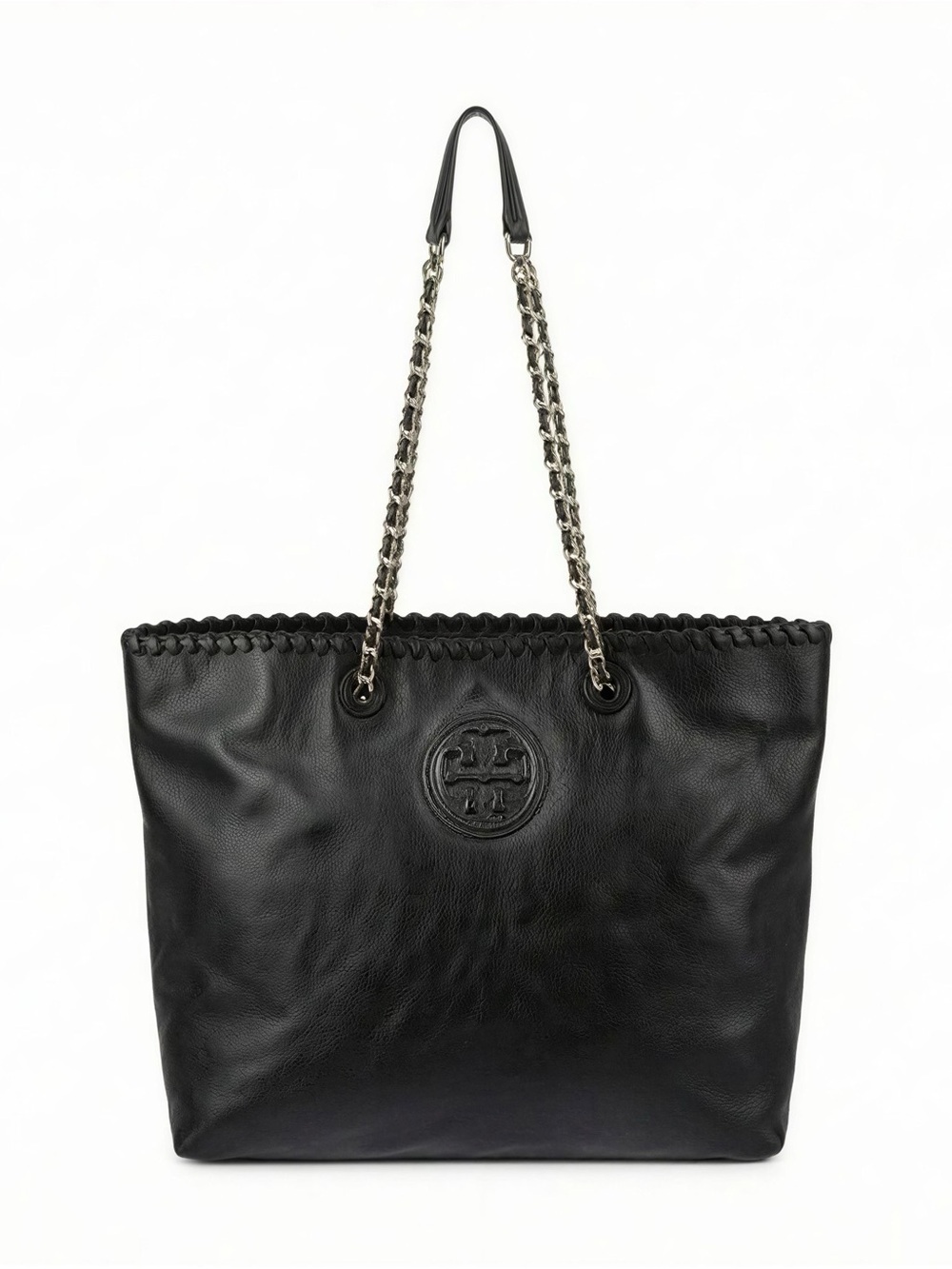 Tory Burch Black Leather Marion Chain-Handle Tote with Logo Medallion